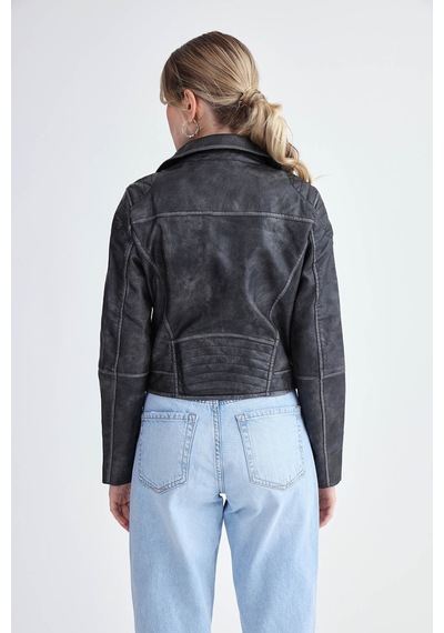 Vitrin Fermuarlı Suni Deri Crop Biker Ceket Siyah