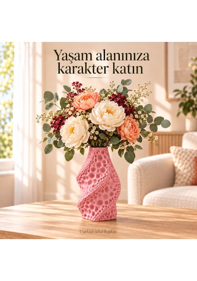 Dekoratif Vazo Burgu Formlu Taş Dokulu Modern Kuru Çiçeklik Açık Pembe