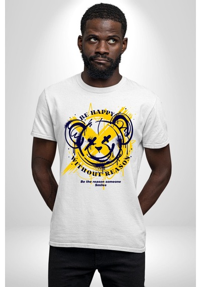 Sebep Olmadan Mutlu Ol Unisex Unisex Beyaz Organik Baskılı T-shirt Penye Yüksek Kalite Beyaz