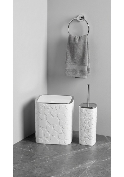 Makri Home 5 Parça Banyo Seti, Kalp Desenli, Beyaz Silver, Kare, Click Kapaklı, Hacim: 8 Litre Beyaz