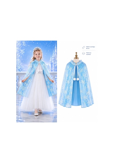 Kar Tanesi Desenli Mavi Elsa Pelerini - Astarlı Frozen Pelerini 85 Cm