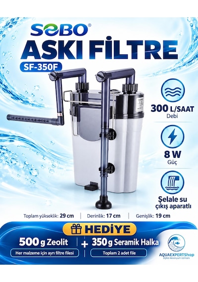 Sobo Akvaryum Askı Filtre - 300 Lt/saat - Seramik Halka + Zeolit Hediyeli - Şelale Filtreli - Aktif Temizlik - Temizlenebilir Sünger