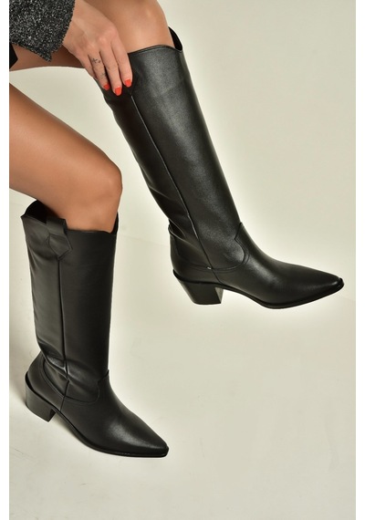 Fox Shoes Z654182303 Siyah Hakiki Deri Kalın Topuklu Kovboy Model Kadın Çizme