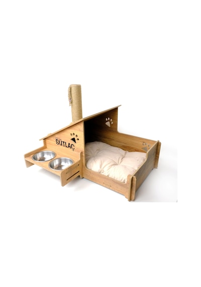 Ahşap Kedi Evi - Mama Kabı - Özel Isim Baskılı - Tırmalama Çubuklu -meşe Mdf - Çelik Kase - 2 400ml