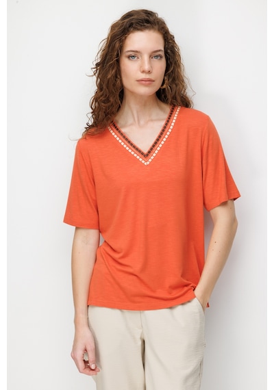Kadın V Yaka Yakası İki Renkli İşlemeli Taşlı Penye T-shirt Oranj Turuncu