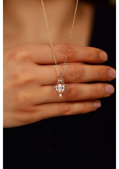 Roza Silver Zirkon Taşlı Rose İncili Kafes Gümüş Kolye