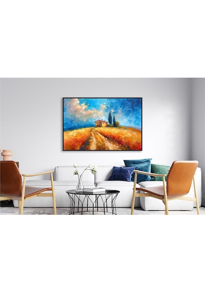 Yağlı Boya Dokulu Tablo Modern Buğday Tarlası Manzarası Siyah Çerçeveli U06018-178983