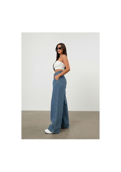 Bluemarlin Tam Kalıp Yüksek Bel Ön Arka Pensli Bol Paça Baggy Jeans Mavi