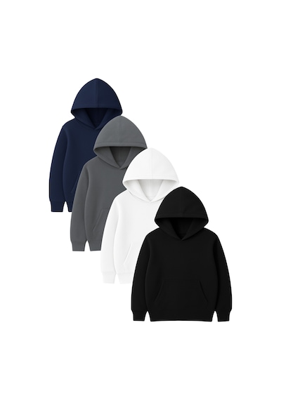 4'lü Kapüşonlu Basic Sweatshirt Seti - Düz Kışlık Şardonlu Kumaş Füme Lacivert Siyah Beyaz