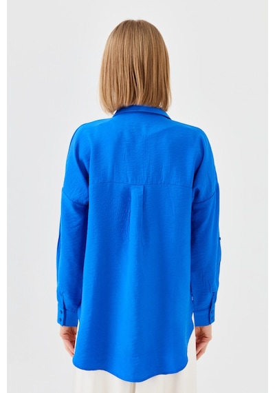 Desen Triko Kadın Polo Yaka Cepli Bluz 23485 Saks Desen Triko Kadın Polo Yaka Cepli Bluz 23485 Saks