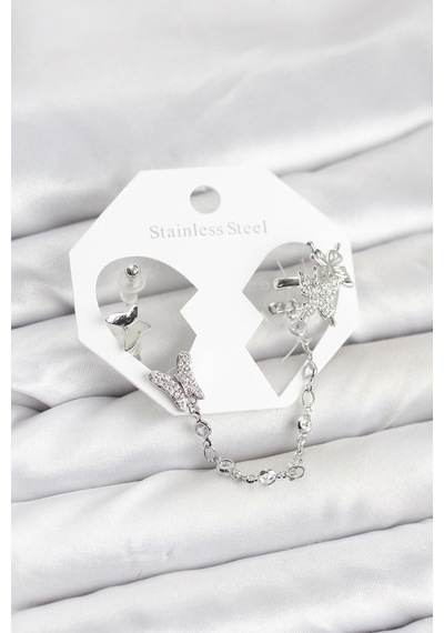 Pirinç Gümüş Renk Kelebek Model Zincir Bağlantılı Ear Cuff Küpe Seti Altın