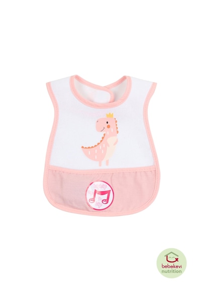 Düdüklü Cepli Sıvama Mama Önlüğü - Sevimli Dino Bebek Önlüğü Açık Pembe