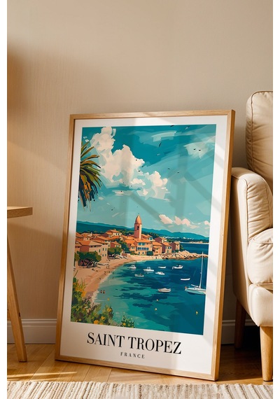 Saint Tropez France Vintage Seyahat Posteri Çerçeveli Tablo - Premium Akdeniz Sahil Duvar Dekoru Kayın
