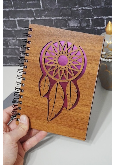 Rüya Kapanı Desenli Ahşap Defter - Resim Defteri - Günlük - Çizgisiz Defter Ahşap Rengi Ceviz