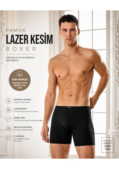 Berrak Erkek Pamuklu Lazer Kesim Boxer İz Yapmaz, Nefes Alan Premium Konfor Siyah