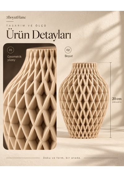 Baklava Desenli Dekoratif Vazo 20 Cm Kuru Çiçeklik Bej