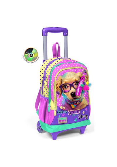 Coral High Kids Sarı Pembe Sevimli Köpek Desenli Üç Bölmeli Çekçekli Okul Sırt Çantası 23952