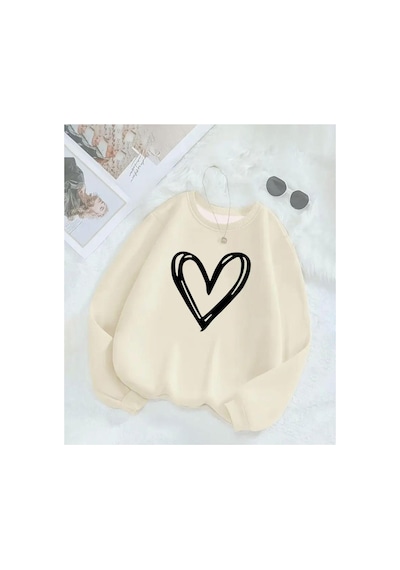 Herkesemoda Kalp Baskılı Bisiklet Yaka İçi Polarlı Sweatshirt Bej