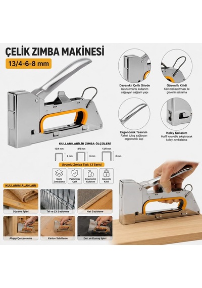 Çelik Mobilya Zımba Tabancası 13/4-6-8 Mm + 4000 Adet Zımba Teli Hediyeli Paslanmaz Çelik Gövde, Güvenlik Kilidi, Ergonomik Sap, 13 Serisi Uyumlu, Çok Amaçlı Kullanım Çelik Mobilya Zımba Tabancası 13/4-6-8 Mm + 4000 Adet Zımba Teli Hediyeli Paslanmaz Çelik Gövde, Güvenlik Kilidi, Ergonomik Sap, 13 Serisi Uyumlu, Çok Amaçlı Kullanım