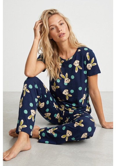 Siyah İnci Pamuklu Likralı Pijama Takım 7624 Lacivert