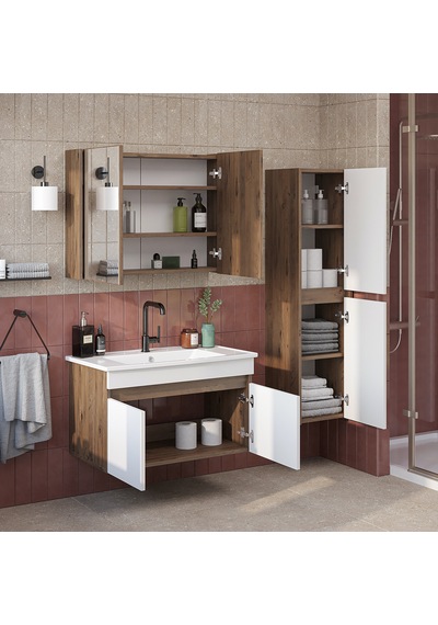 Lavabolu Mdf 80 Cm Banyo Alt Dolabı + Aynalı Üst Dolabı + Banyo Boy Dolabı , Banyo Dolabı Seti. Atlantik Çam - Beyaz Lavabolu Mdf 80 Cm Banyo Alt Dolabı + Aynalı Üst Dolabı + Banyo Boy Dolabı , Banyo Dolabı Seti. Atlantik Çam - Beyaz