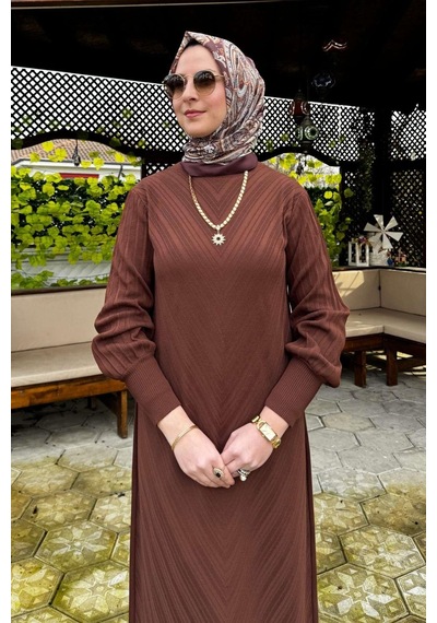 Rabia Şamlı Yağmur Triko Elbise Kahve Normal