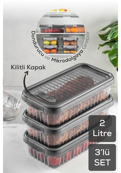 Vienev 3lü Kendinden Çizgili Kilitli Kapaklı Saklama Kabı Seti 2 Litre Antrasit