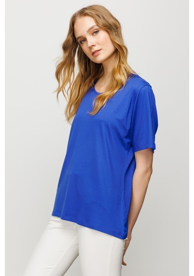 Kadın Sıfır Yaka Basic Penye T-shirt Saks Saks