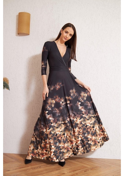 Darlin Moda Siyah Kruvaze Kahverengi Çiçek Desenli Abiye Elbise Dm1013