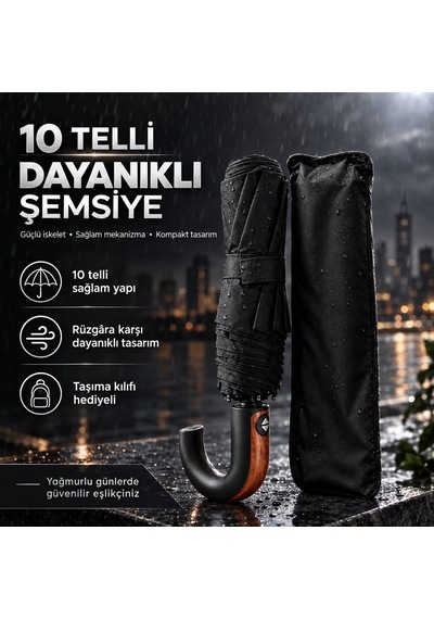 10 Telli Otomatik Ahşap Sap Rüzgara Dayanıklı Şemsiye Koyu Siyah