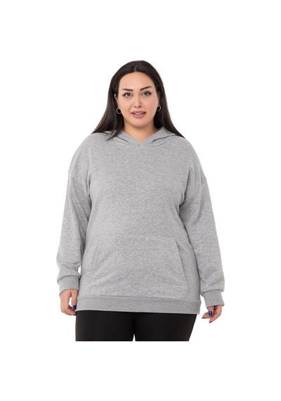 Büyük Beden Sırtında Yazı Detaylı Kapüşonlu Kanguru Cepli Üç İplik Gri Melanj Sweatshirt-gri Melanj Gri Melanj