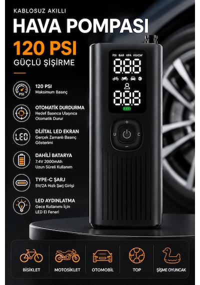 Kablosuz Akıllı Hava Pompası 120 Psı Dijital Göstergeli Type-c Şarjlı Lastik Şişirme Kompresörü Otomatik Basınç Ayarlı Led Işıklı