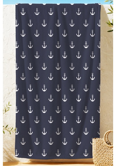 Çapa Marine Lacivert Plaj Havlusu - Nautical Minimalist Beyaz Hızlı Kuruyan Mikrofiber Havlu Eski Armut