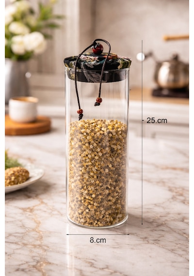 Makri Home 1000 Ml Borosilikat Cam Hava Geçirmez Siyah Kumaş Kaplama Bambu Kapaklı Kavanoz,çap:8 Cm, H:25 Cm Siyah