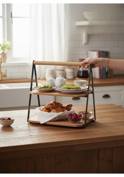 Akayev Akasya 2 Katlı Sunum Tabağı Organizer 28x20x27 Cm Kahverengi