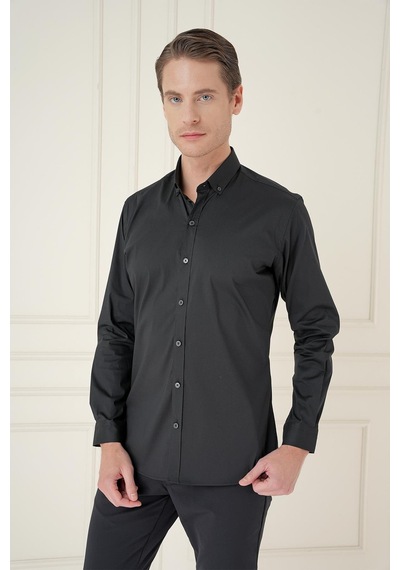 Efor Slim Fit Düğmeli Yaka Esnek Klasik Siyah Gömlek Gk 746 Siyah