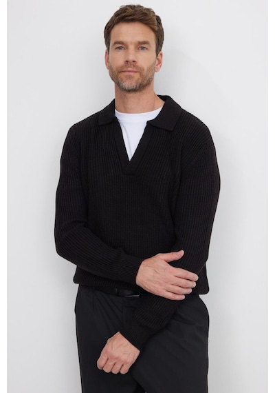 Tudors Erkek Slim Fit Dar Kesim Polo Yaka Siyah Kazak-41794 Siyah