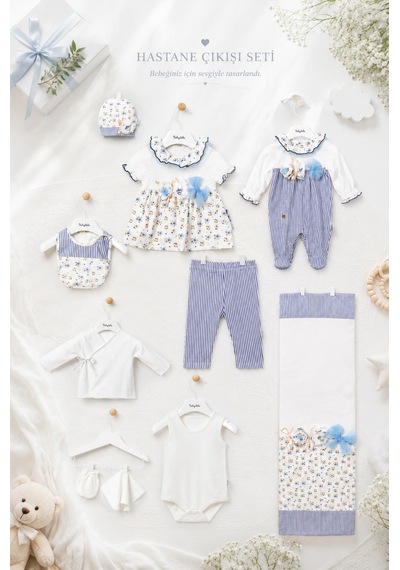 Babyhola Özel Hediye Kutulu Yenidoğan Hastane Çıkışı Kız Bebek 10'lu Set 12814 Mavi