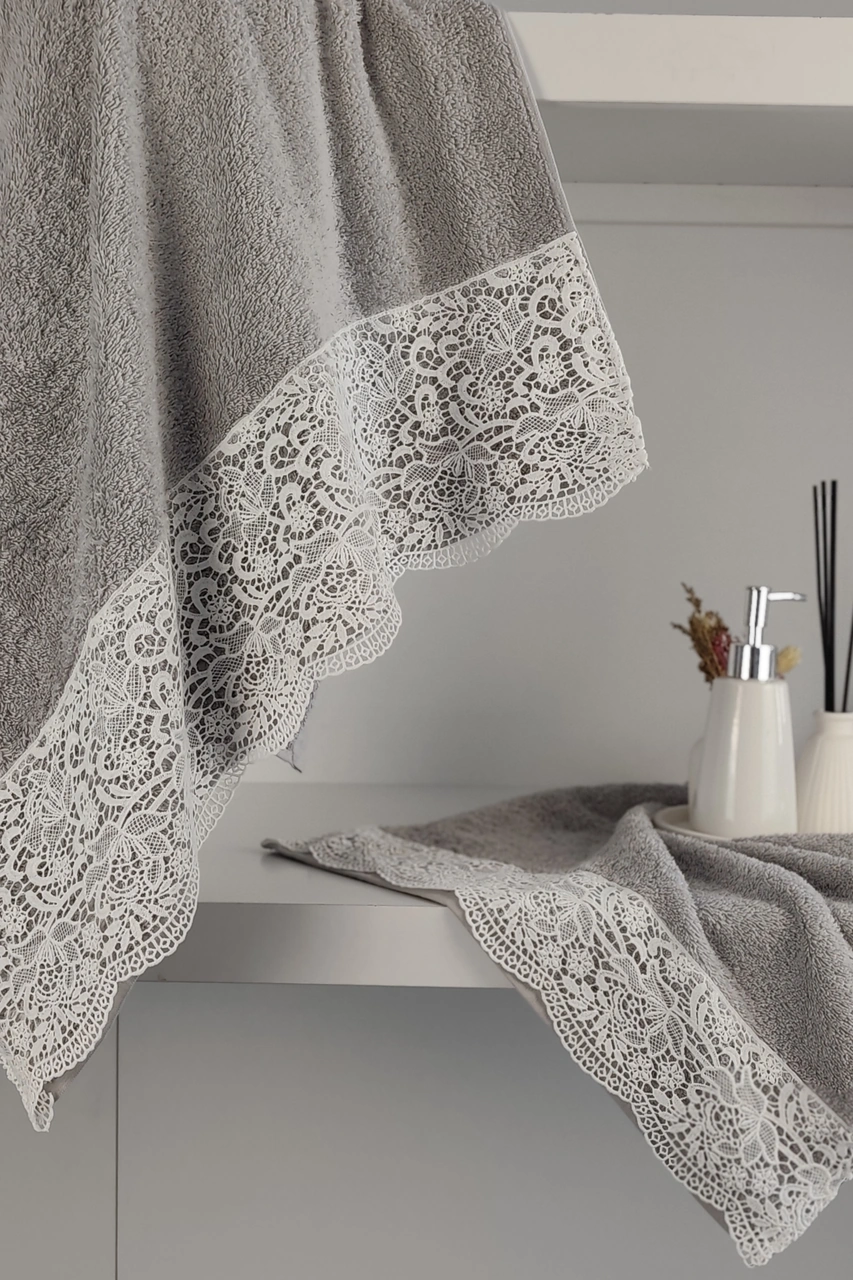 Gipürlü Gelin Banyo Havlu Takımı Grı Gri
