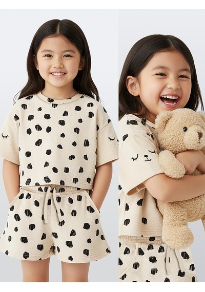 Denokids Leopar Kız Çocuk Havlu Şort T-shirt Takım Çok Renkli