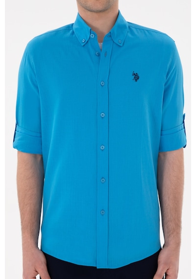 U.S. Polo Assn. Erkek Mavi Keten Görünümlü Basic Gömlek 50306285-VR007