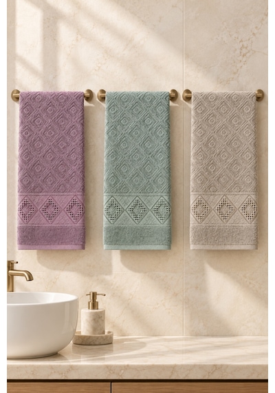 Elmas Motifli El Yüz Havlusu 50x90 Cm 3 Lü Set %100 Pamuk - Sage Amethyst Çok Renkli