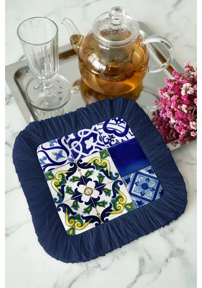 Akdeniz Seramik Motifli Saçaklı Sunum Peçetesi - Vintage Rustik Mavi Lacivert Bardak Altlığı Mendil Sedefli Toprak Amber Akdeniz Seramik Motifli Saçaklı Sunum Peçetesi - Vintage Rustik Mavi Lacivert Bardak Altlığı Mendil Sedefli Toprak Amber