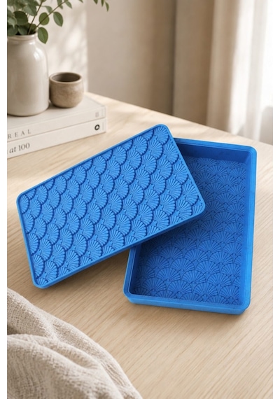 Desenli Kapaklı Dekoratif Kutu Masa Üstü Organizer Takı Aksesuar Saklama Kutusu Pla 20x12.5 Cm Mavi