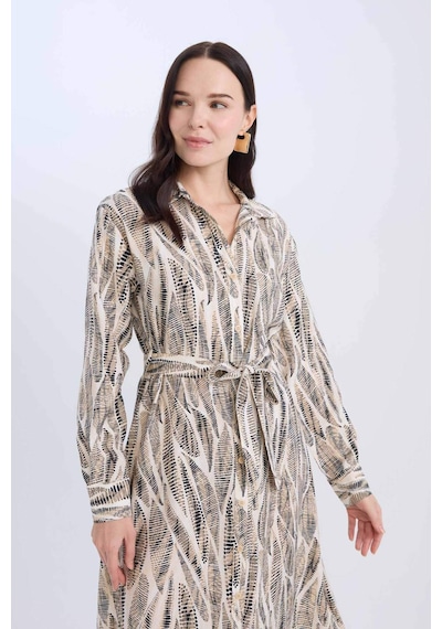 DeFacto Regular Fit Desenli V Yaka Kuşaklı Uzun Kollu Maxi Elbise E0784AX25SPER98 DeFacto Regular Fit Desenli V Yaka Kuşaklı Uzun Kollu Maxi Elbise E0784AX25SPER98