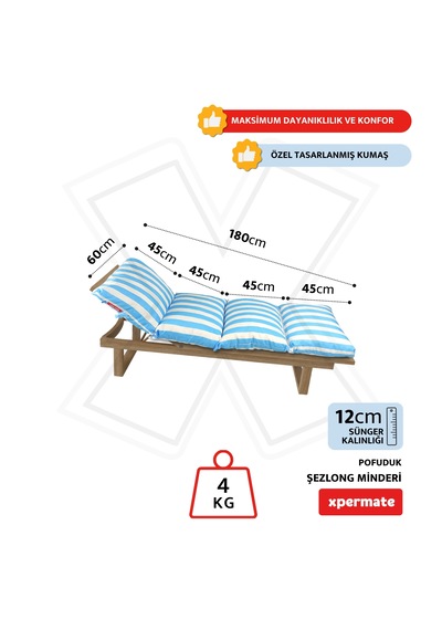 Xpermate Pofuduk Şezlong Minderi 60x180x12cm Su İtici, Maviçizgil