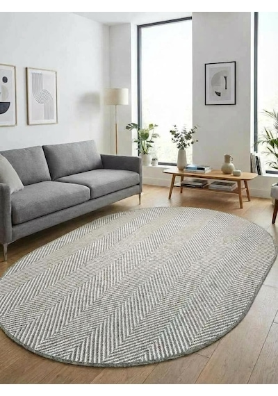 Oval Sisal Halı 1003 Gri Balık Sırtı Desen Kaymaz Taban Modern Salon Oturma Odası Halısı