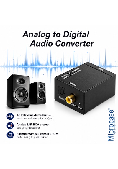 Microcase Analog Ses Dijital Ses Çevirici 48khz Toslink Coaxial Destekli Çevirici Al5751 Siyah