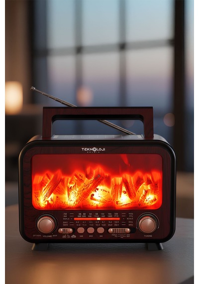 Nostaljik Radyo Şömine Görünümlü Müzik Kutusu Retro Ahşap -bluetooth Hoparlör Speaker & Usb Destekli Fp-2393