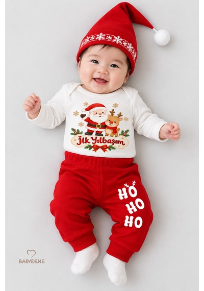 Babyden's Bebek Yılbaşı Takımı İlk Yılbaşım Baskılı Noel Kıyafeti %100 Pamuk 3'lü Body Pantolon Noel Şapkası Yılbaşı Kostüm Kırmızı